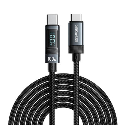 100W Type-C to Type-C Braided Fast Charging and Data Cable with Digital Display - 2 Meters - 1