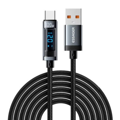 120W USB to Type-C Braided Fast Charging and Data Cable with Digital Display - 2 Meters - 1
