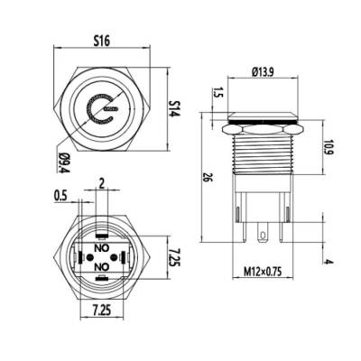 WD12A-P1-C 12mm Düz Yaylı Işıklı Power Metal Buton - Sarı - 2