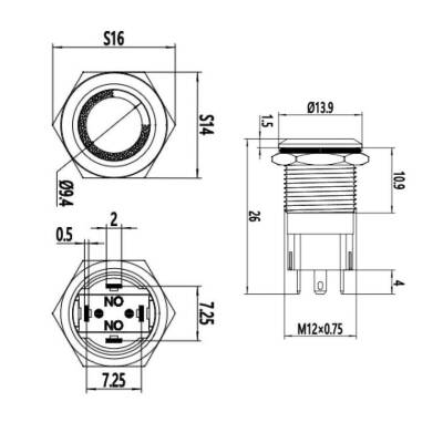 WD12A-P1-E 12mm Düz Yaylı Işıklı Metal Buton - Kırmızı - 2