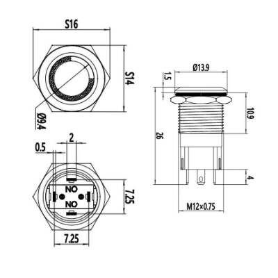 WD12A-P1-E 12mm Düz Yaylı Işıklı Metal Buton - Mavi - 2