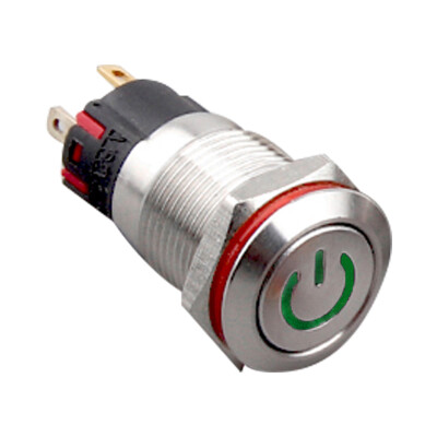 WD12A-P1-E 12mm Flat Momentary Illuminated Power Metal Button - Green - 1