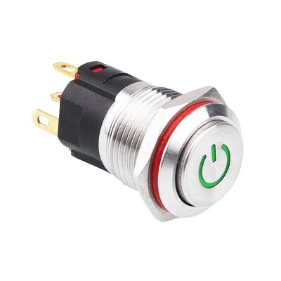 WD16A-G1-C 16mm Çıkık Yaylı Işıklı Power Metal Buton - Yeşil - 1