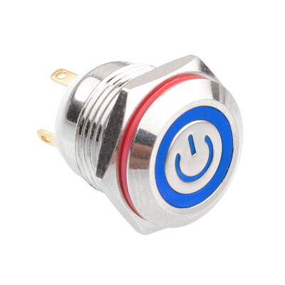 WD16H-P0-EC 16mm Flat Momentary Illuminated Power Metal Button - Blue - 1