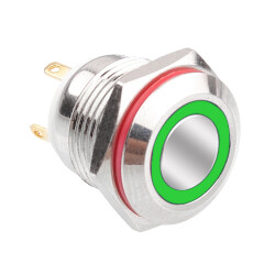 WD16H-P1-E 16mm Flat Momentary Illuminated Metal Button - Green - 1