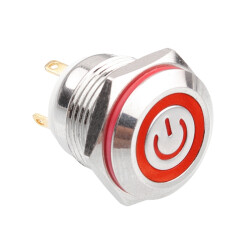 WD16H-P1-EC 16mm Düz Yaylı Işıklı Power Metal Buton - Kırmızı - 1