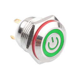 WD16H-P1-EC 16mm Flat Momentary Illuminated Power Metal Button - Green - 1