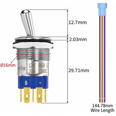 16mm 12V 20A RGB 6-Pin Pre-Wired Toggle Switch - 2