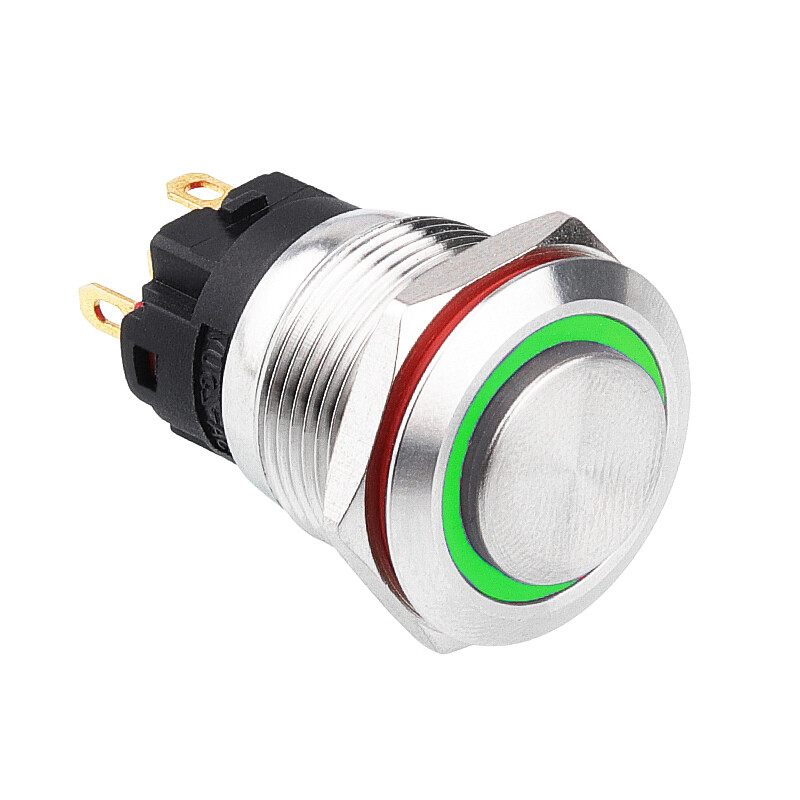 WD19A-G1-E 19mm Çıkık Yaylı Işıklı Metal Buton - Yeşil