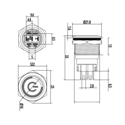 WD19A-P1Z-EC 19mm Düz Anahtarlı Işıklı Power Metal Buton - Yeşil - 2