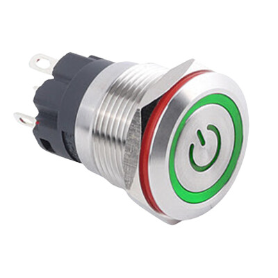 WD19A-P1Z-EC 19mm Düz Anahtarlı Işıklı Power Metal Buton - Yeşil - 1
