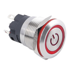 WD19A-P1Z-EC 19mm Flat Self Locking Illuminated Power Metal Button - Red