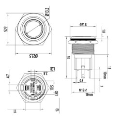 WD19D-P1-E 19mm Düz Yaylı Işıklı Metal Buton - Sarı - 2