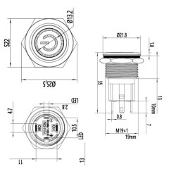 WD19D-P1-EC 19mm Düz Yaylı Işıklı Power Metal Buton - Kırmızı - 2