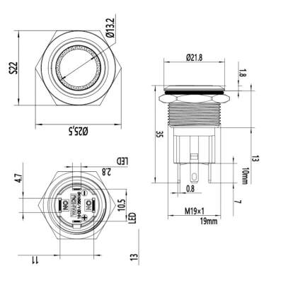 WD19D-P1Z-E 19mm Düz Anahtarlı Işıklı Metal Buton - Sarı - 2