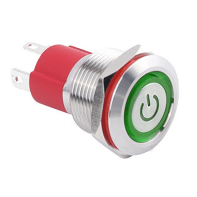 WD19D-P1Z-EC 19mm Flat Self Locking Illuminated Power Metal Button - Green - 1
