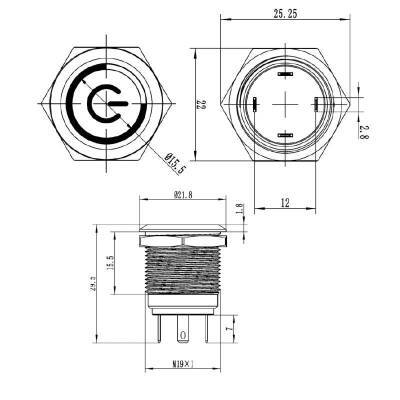 WD19H-P1-EC 19mm Düz Yaylı Işıklı Power Metal Buton - Yeşil - 2