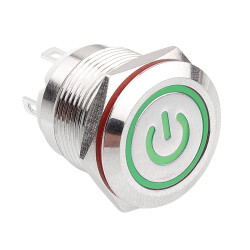 WD19H-P1-EC 19mm Düz Yaylı Işıklı Power Metal Buton - Yeşil - 1