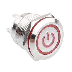 WD19H-P1-EC 19mm Flat Momentary Illuminated Power Metal Button - Red - 1