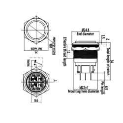 WD22B-G1 22mm Çıkık Yaylı Metal Buton - 2