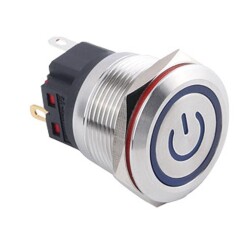 WD22B-P1-EC 22mm Düz Yaylı Işıklı Power Metal Buton - Mavi - 1