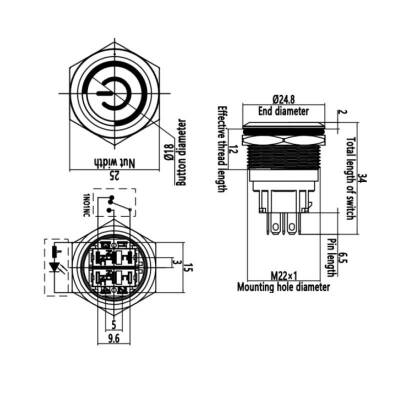 WD22B-P1Z-EC 22mm Düz Anahtarlı Işıklı Power Metal Buton - Yeşil - 2