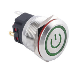 WD22B-P1Z-EC 22mm Flat Self Locking Illuminated Power Metal Button - Green - 1