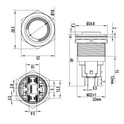 WD22E-G1-E 22mm Çıkık Yaylı Işıklı Metal Buton - Kırmızı - 3
