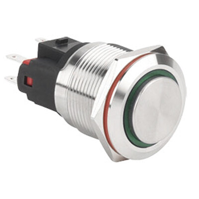 WD22E-G1Z-E 22mm 19mm Bulge Self Locking Illuminated Metal Button - Green - 1