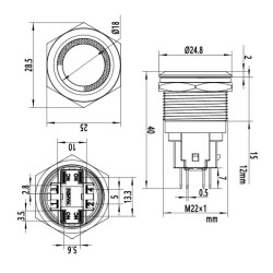 WD22E-P1-E 22mm Düz Yaylı Işıklı Metal Buton - Kırmızı - 2