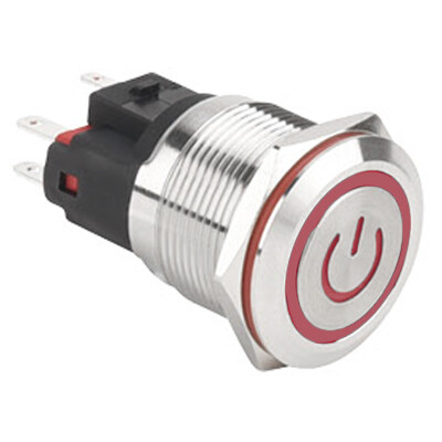 WD22E-P1-EC 22mm Düz Yaylı Işıklı Power Metal Buton - Kırmızı - 1