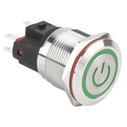 WD22E-P1-EC 22mm Düz Yaylı Işıklı Power Metal Buton - Yeşil - 1