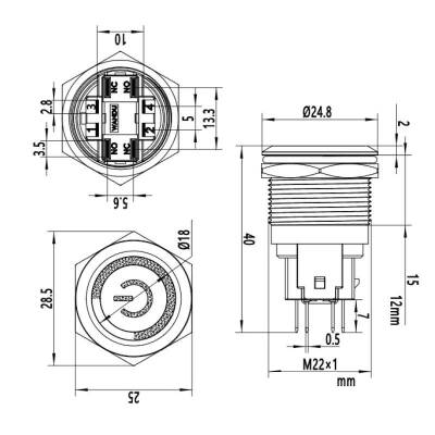 WD22E-P1Z-EC 22mm Düz Anahtarlı Işıklı Power Metal Buton - Beyaz - 2