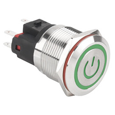 WD22E-P1Z-EC 22mm Düz Anahtarlı Işıklı Power Metal Buton - Yeşil - 1