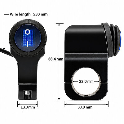 22mm 12V Waterproof Motorcycle Handlebar Switch - Single Blue - 2