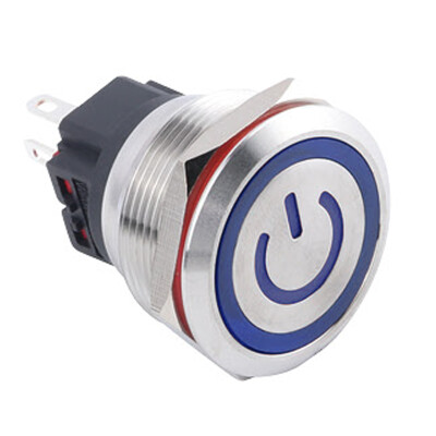 WD25B-P1-EC 25mm Flat Momentary Illuminated Power Metal Button - Blue - 1