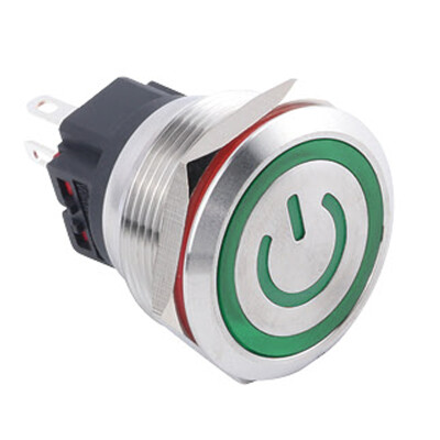 WD25B-P1-EC 25mm Flat Momentary Illuminated Power Metal Button - Green - 1