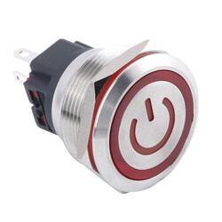WD25B-P1Z-EC 25mm Flat Self Locking Illuminated Power Metal Button - Red - 1