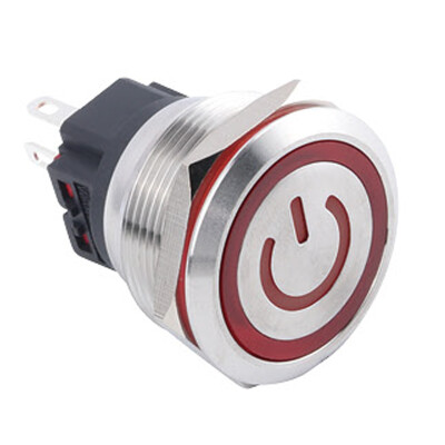 WD25B-P1Z-EC 25mm Flat Self Locking Illuminated Power Metal Button - Red - 1