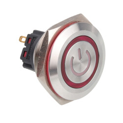 WD28B-P1-EC 28mm Flat Momentary Illuminated Power Metal Button - Red - 1