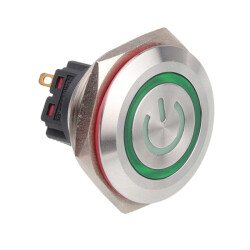 WD28B-P1Z-EC 28mm Düz Anahtarlı Işıklı Power Metal Buton - Yeşil