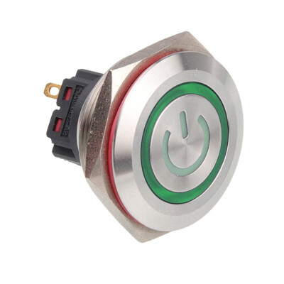WD28B-P1Z-EC 28mm Düz Anahtarlı Işıklı Power Metal Buton - Yeşil - 1