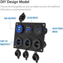3 Way Female Cigarette Lighter Socket 2x5V USB Switch Panel with Voltage Indicator and Blue Dot Light - 2