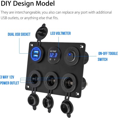 3 Way Female Cigarette Lighter Socket 2x5V USB Switch Panel with Voltage Indicator and Blue Dot Light - 2