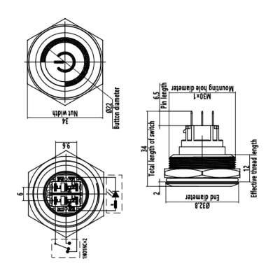 WD30B-P1-EC 30mm Düz Yaylı Işıklı Power Metal Buton - Sarı - 2