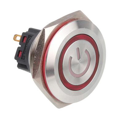 WD30B-P1-EC 30mm Flat Momentary Illuminated Power Metal Button - Red - 1