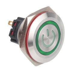 WD30B-P1Z-EC 30mm Flat Self Locking Illuminated Power Metal Button - Green - 1