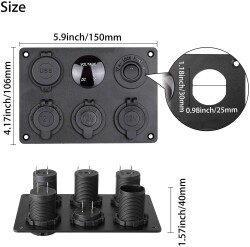 3'lü Dişi Çakmaklık Soketi 2x5V USB Voltaj Göstergeli ve Mavi Nokta Işıklı Anahtar Switch Panel - 3