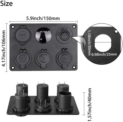 3'lü Dişi Çakmaklık Soketi 2x5V USB Voltaj Göstergeli ve Mavi Nokta Işıklı Anahtar Switch Panel - 3