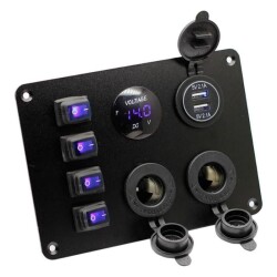 4-way ON-OFF Blue Waterproof Illuminated Switch Panel with 2x5V USB, 2xFemale Cigarette Lighter and Voltage Indicator